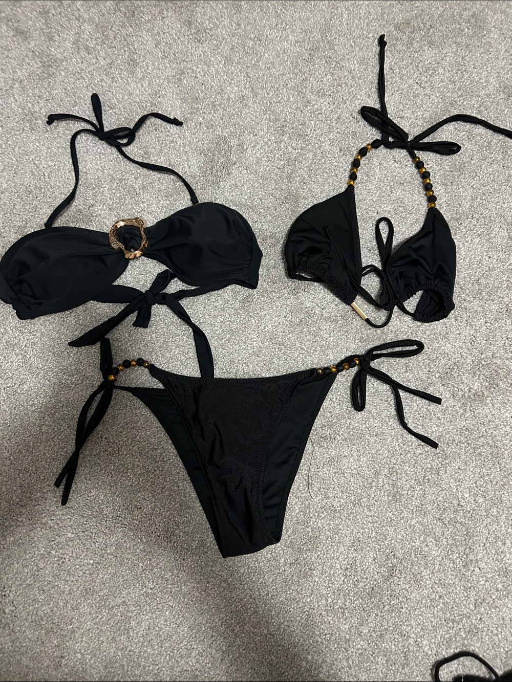 Black Beaded Tie-Side Bikini Set - Women Swim